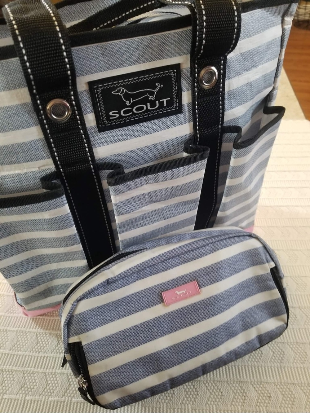 Scout Blue and White Striped Tote with Pink Accent Pouch